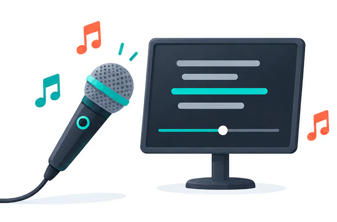 Karaoke-Mikrofon und ein Liedtext-Bildschirm zum Singen über ein Instrumental