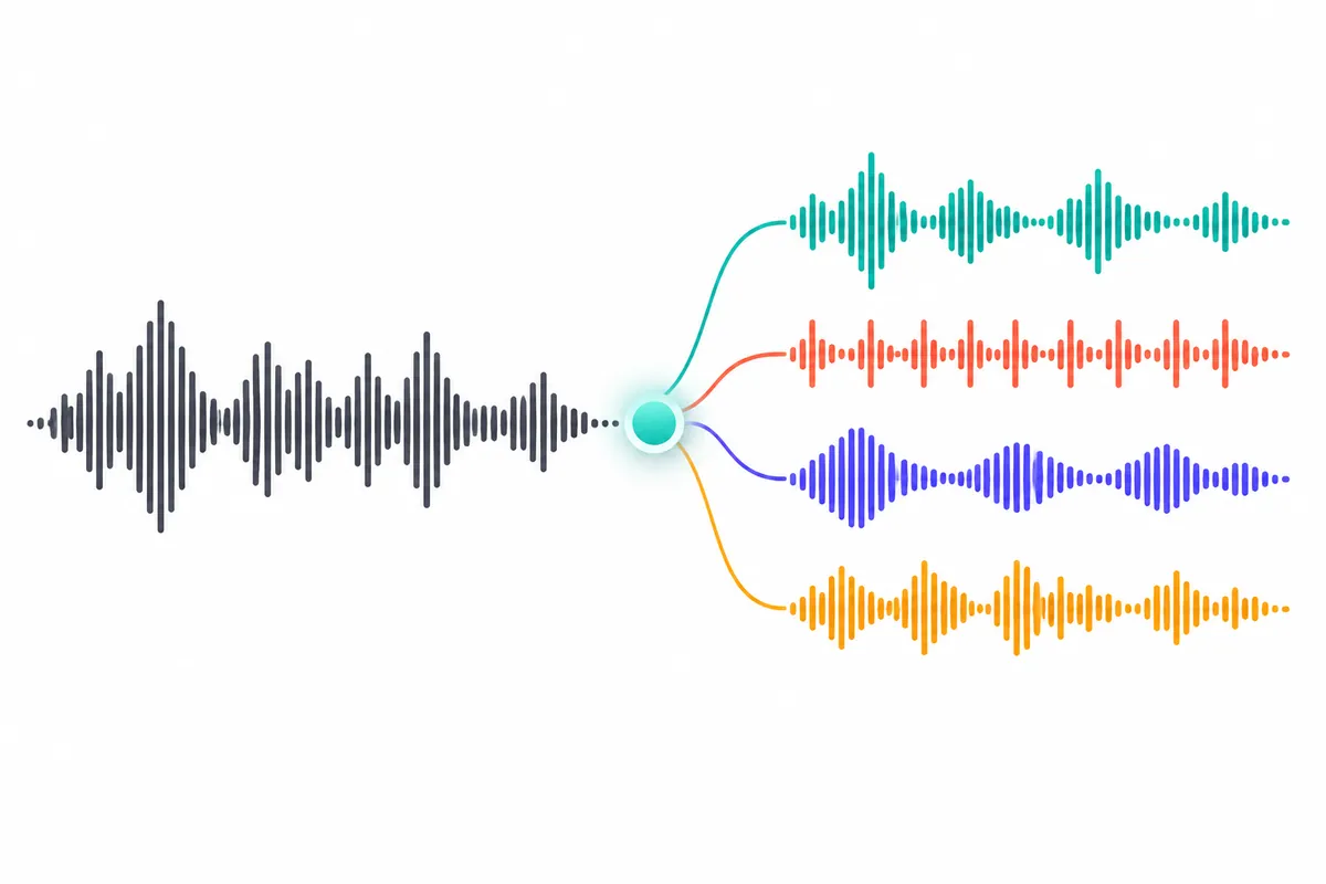 Music source separation with Demucs: one mixed waveform splitting into vocals, drums, bass and other stems
