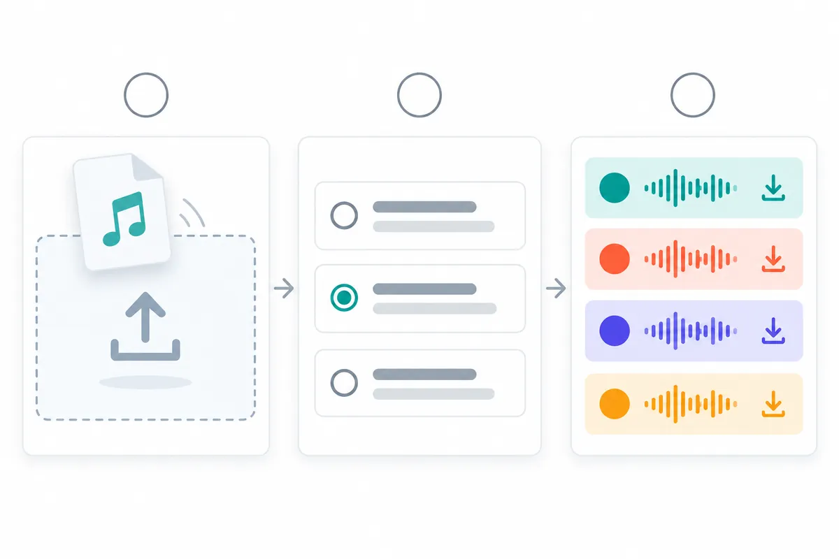 How to use Demucs Online: upload a song, choose a Demucs AI model, download the stems