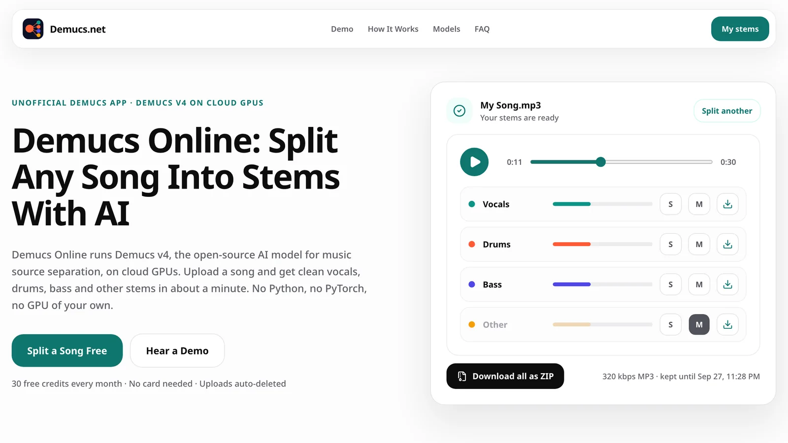 Demucs Online app splitting a song into vocals, drums, bass and other stems