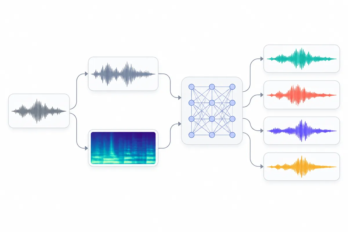 Demucs v4 hybrid transformer architecture with waveform and spectrogram branches