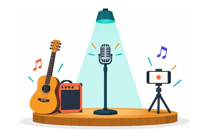 Mikrofon im Scheinwerferlicht auf einer kleinen Bühne, mit Gitarre, Verstärker und einem Smartphone, das ein Cover aufnimmt