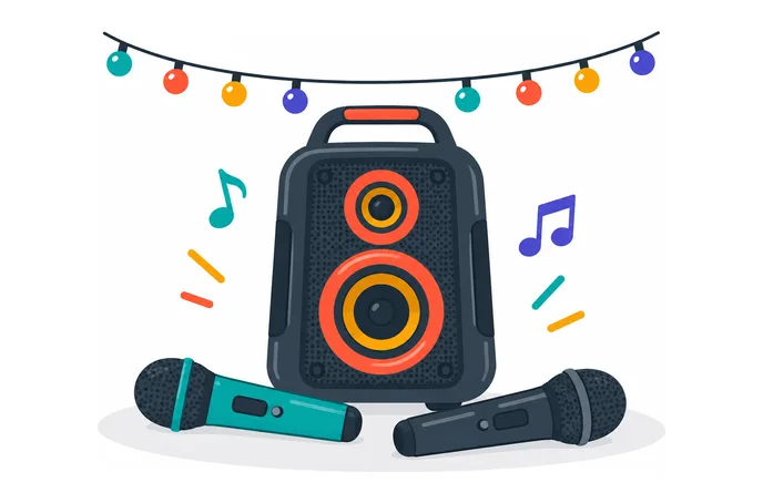 Party-Lautsprecher und zwei Mikrofone unter Lichterketten, bereit für einen Karaoke-Abend zu Hause
