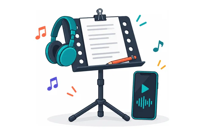 Notenständer mit Liedtext, Kopfhörer und ein Smartphone, das einen Playback-Track für die Gesangsübung abspielt